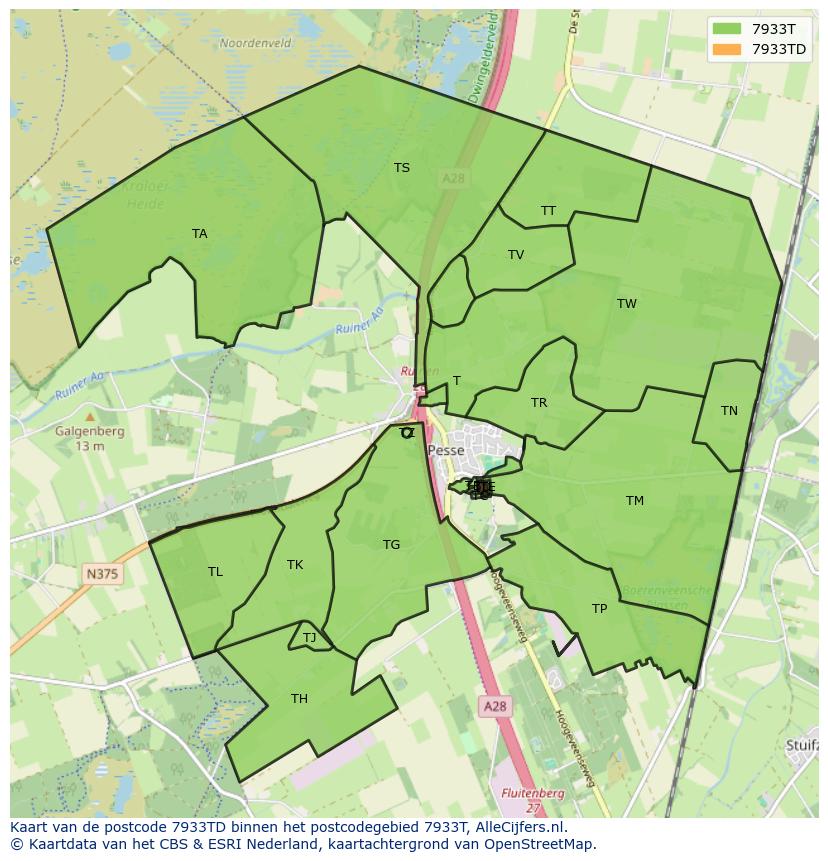 Afbeelding van het postcodegebied 7933 TD op de kaart.