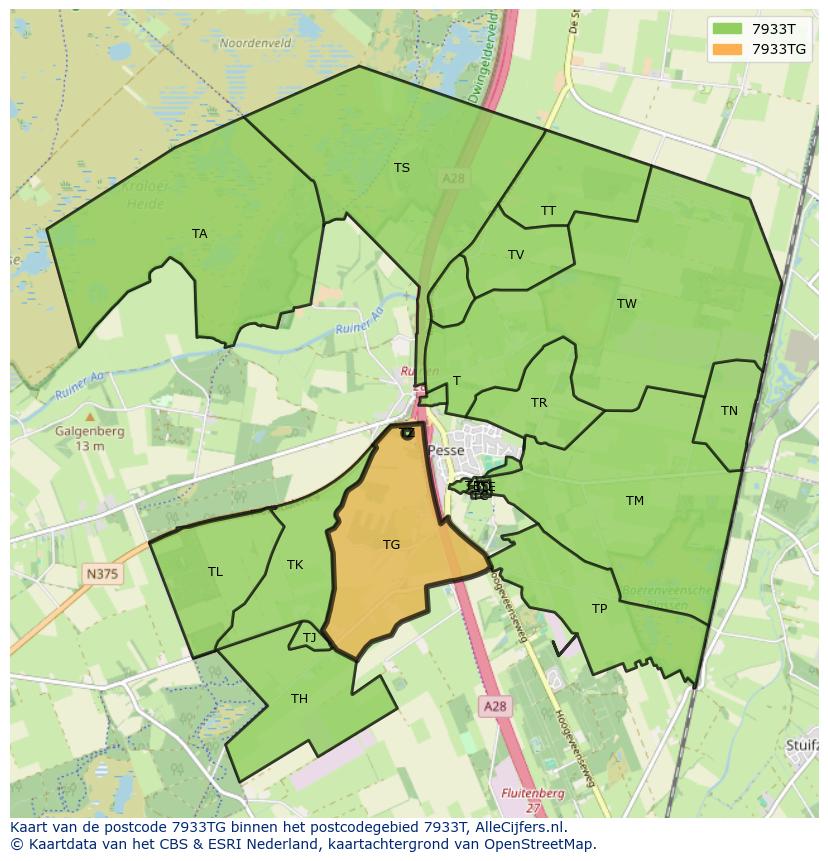 Afbeelding van het postcodegebied 7933 TG op de kaart.