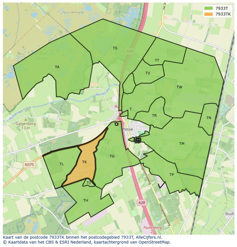 Afbeelding van het postcodegebied 7933 TK op de kaart.