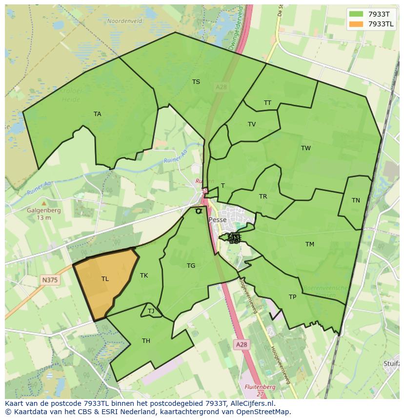 Afbeelding van het postcodegebied 7933 TL op de kaart.