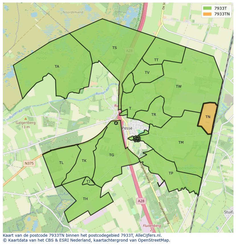 Afbeelding van het postcodegebied 7933 TN op de kaart.