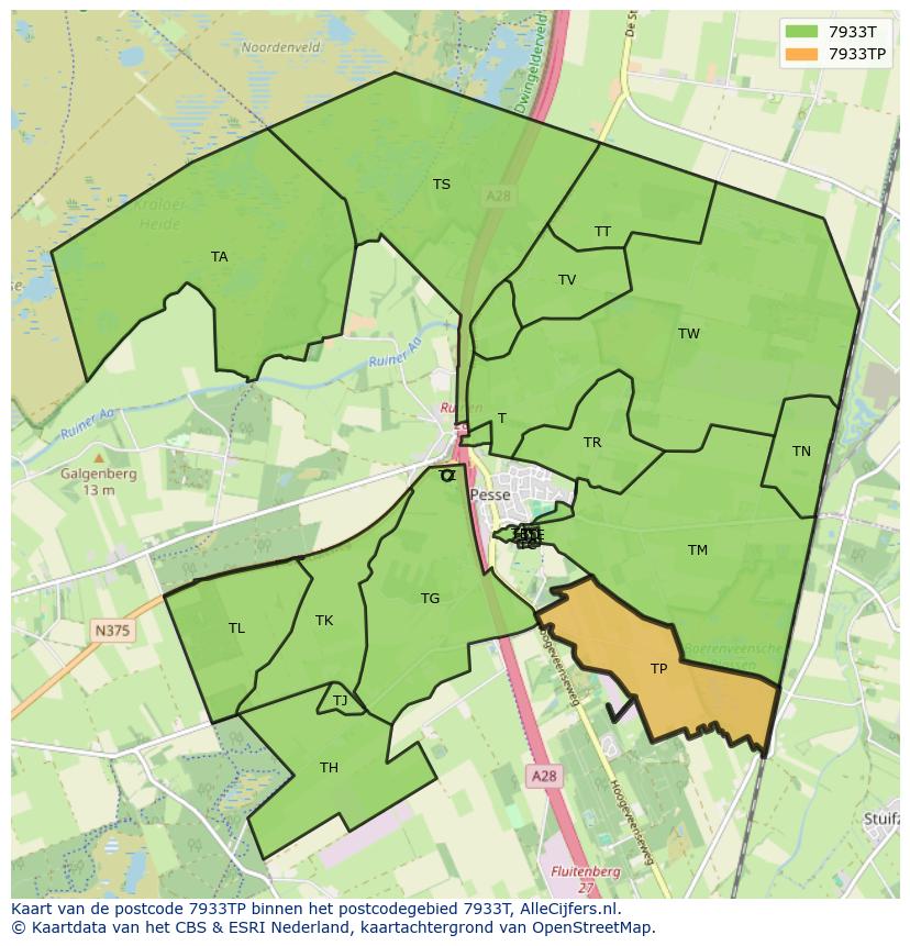 Afbeelding van het postcodegebied 7933 TP op de kaart.