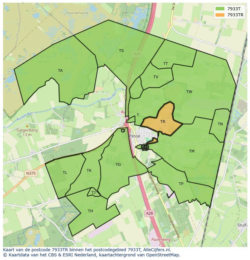 Afbeelding van het postcodegebied 7933 TR op de kaart.