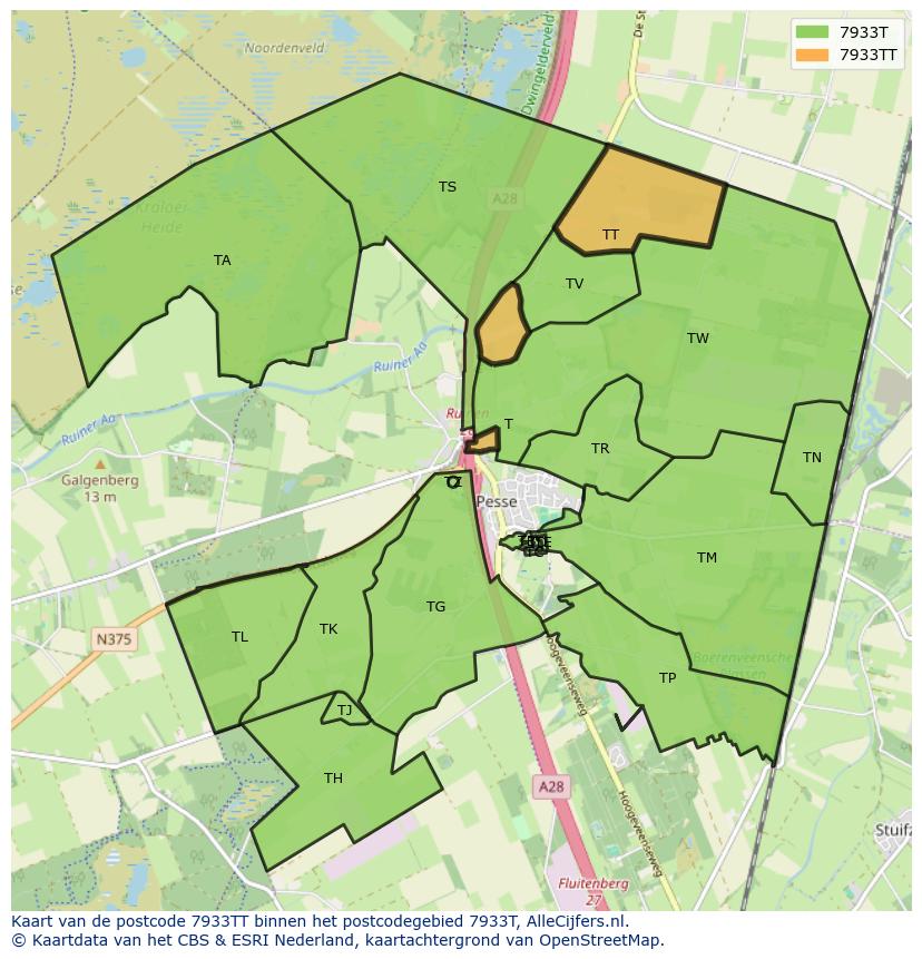Afbeelding van het postcodegebied 7933 TT op de kaart.