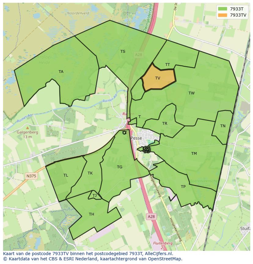 Afbeelding van het postcodegebied 7933 TV op de kaart.