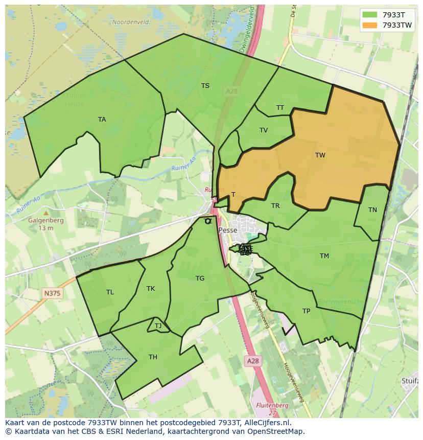 Afbeelding van het postcodegebied 7933 TW op de kaart.
