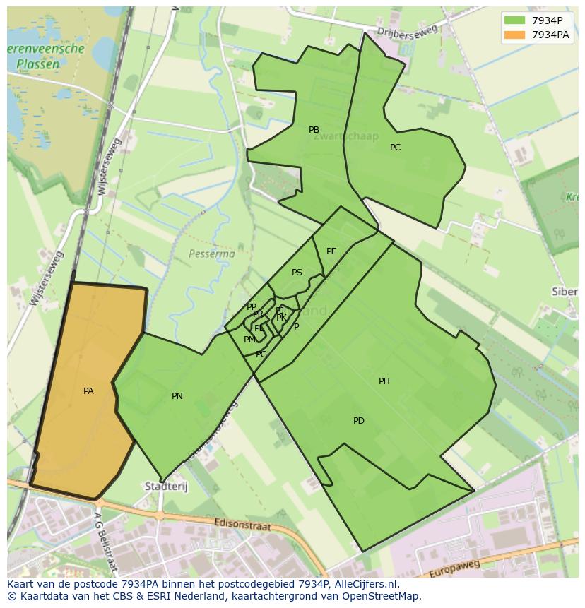 Afbeelding van het postcodegebied 7934 PA op de kaart.