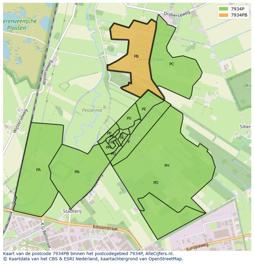 Afbeelding van het postcodegebied 7934 PB op de kaart.