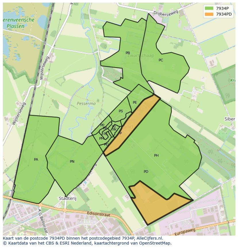 Afbeelding van het postcodegebied 7934 PD op de kaart.