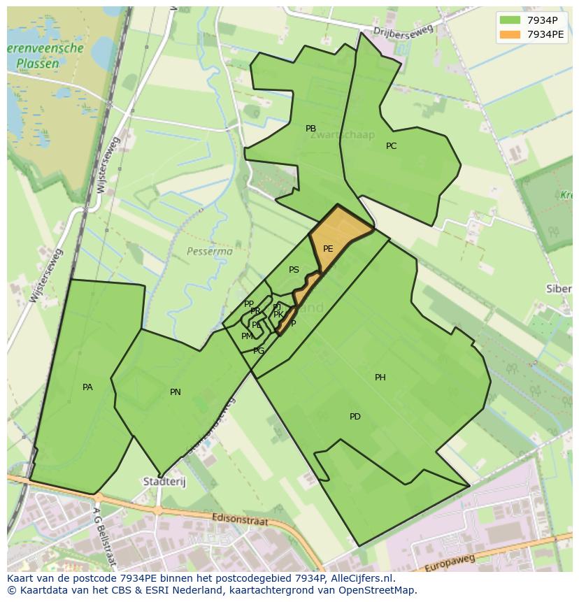 Afbeelding van het postcodegebied 7934 PE op de kaart.