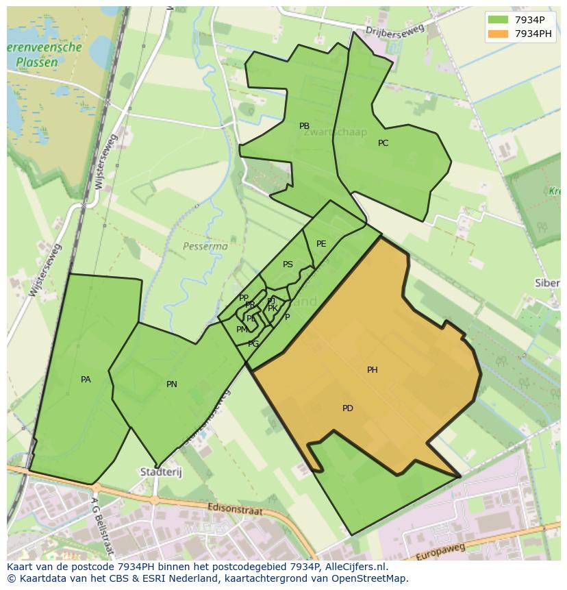 Afbeelding van het postcodegebied 7934 PH op de kaart.