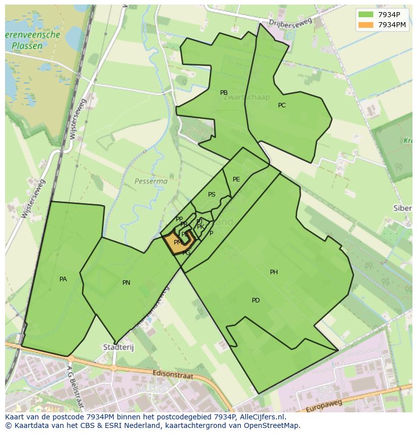 Afbeelding van het postcodegebied 7934 PM op de kaart.
