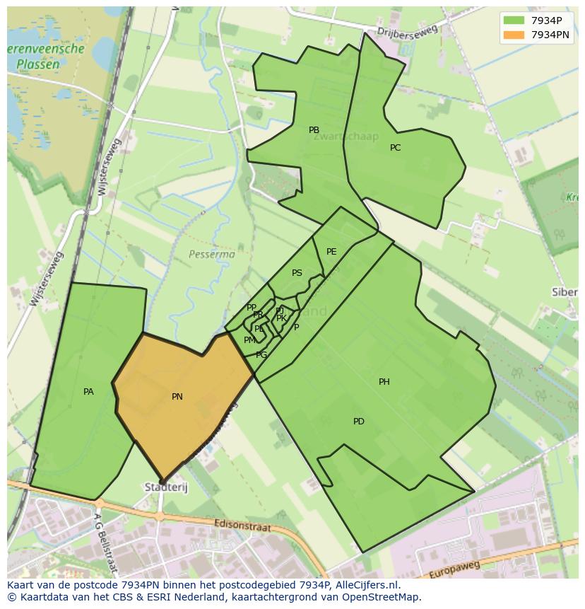 Afbeelding van het postcodegebied 7934 PN op de kaart.