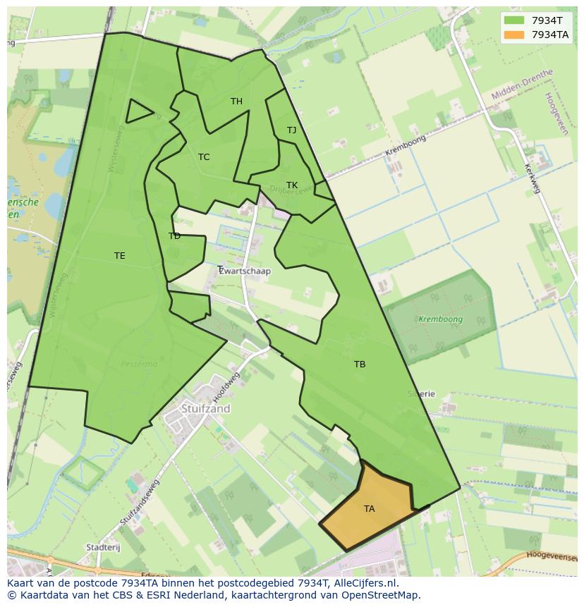 Afbeelding van het postcodegebied 7934 TA op de kaart.