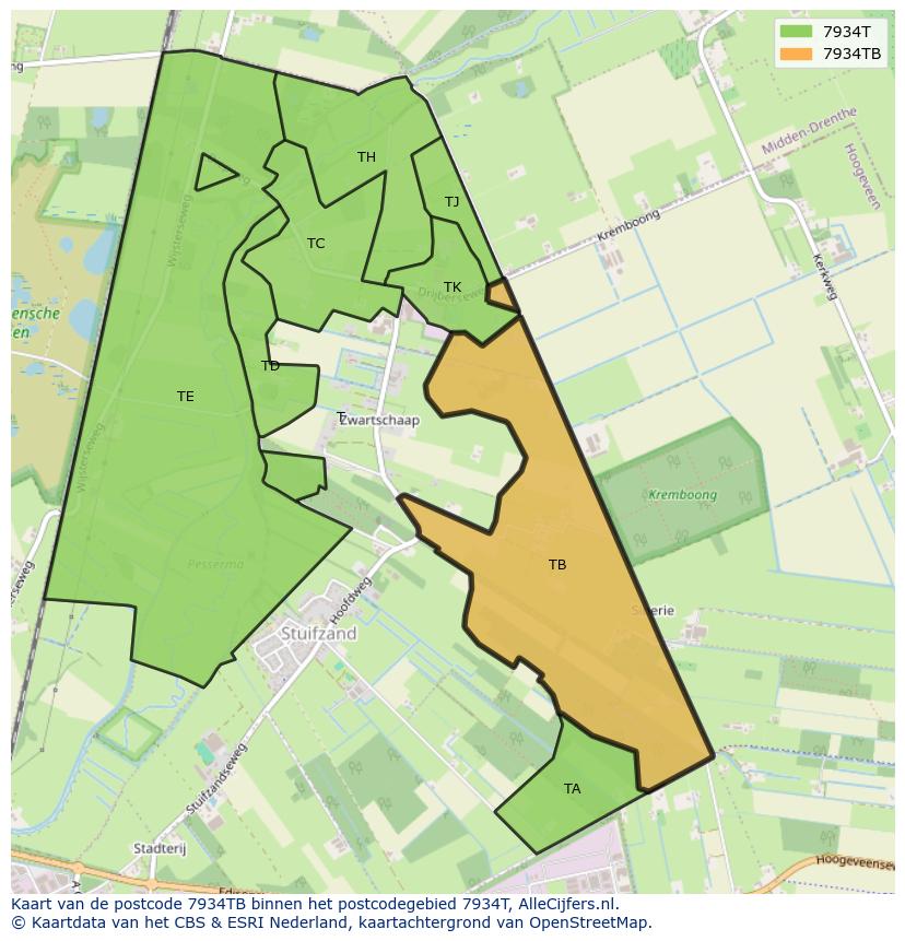 Afbeelding van het postcodegebied 7934 TB op de kaart.