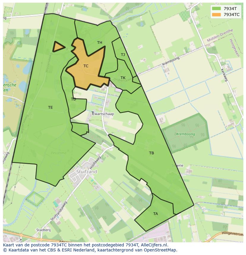 Afbeelding van het postcodegebied 7934 TC op de kaart.