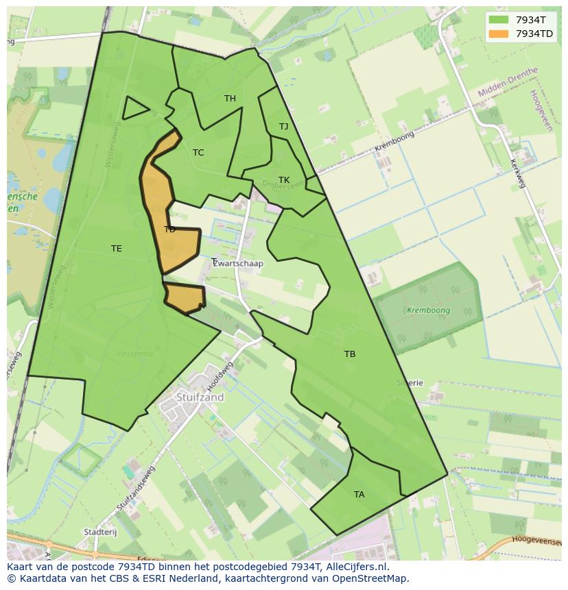Afbeelding van het postcodegebied 7934 TD op de kaart.