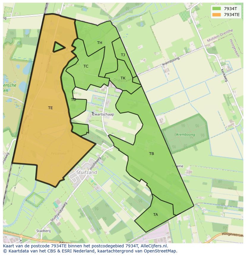 Afbeelding van het postcodegebied 7934 TE op de kaart.