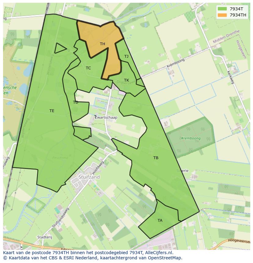 Afbeelding van het postcodegebied 7934 TH op de kaart.