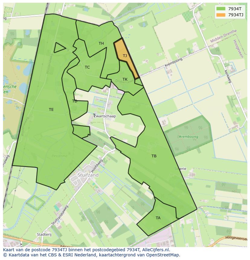 Afbeelding van het postcodegebied 7934 TJ op de kaart.
