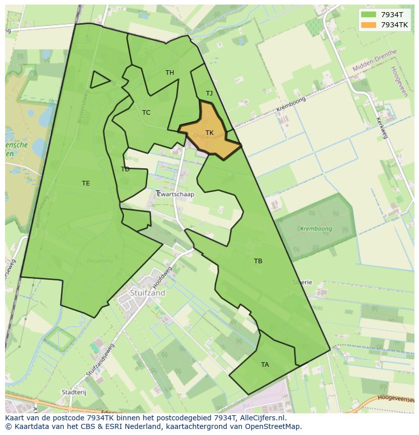 Afbeelding van het postcodegebied 7934 TK op de kaart.