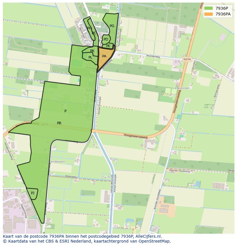 Afbeelding van het postcodegebied 7936 PA op de kaart.