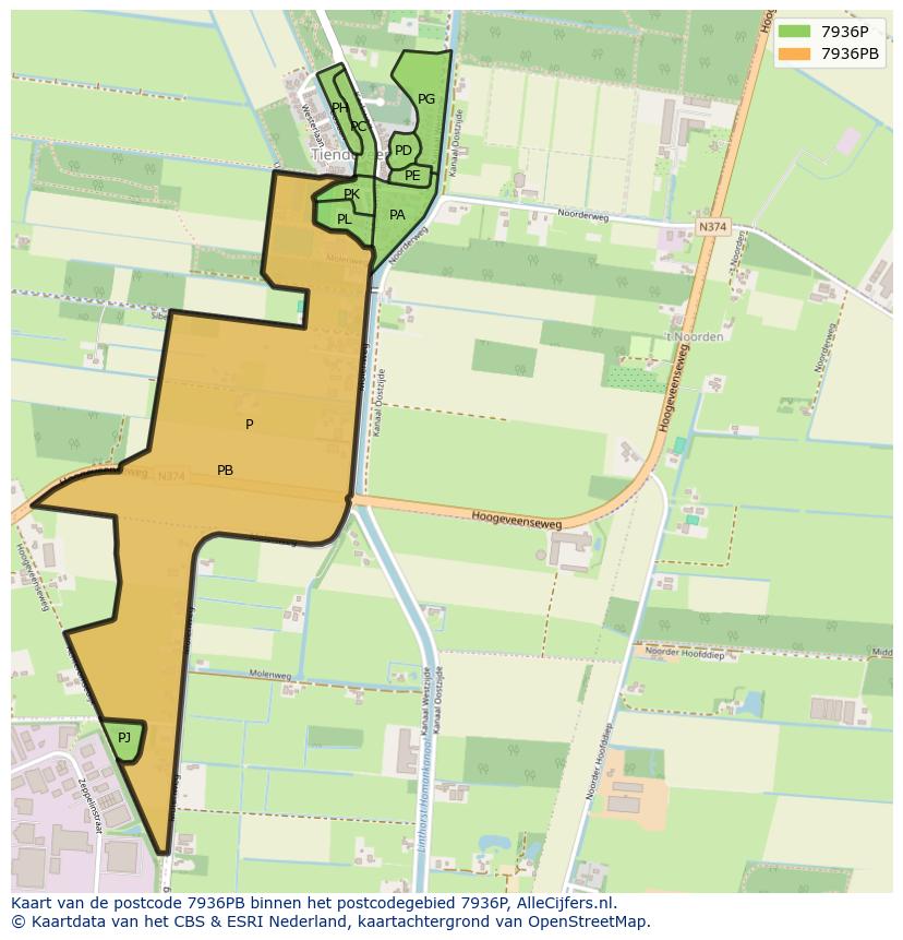 Afbeelding van het postcodegebied 7936 PB op de kaart.