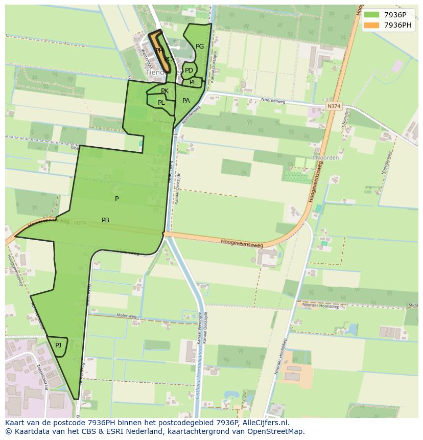 Afbeelding van het postcodegebied 7936 PH op de kaart.