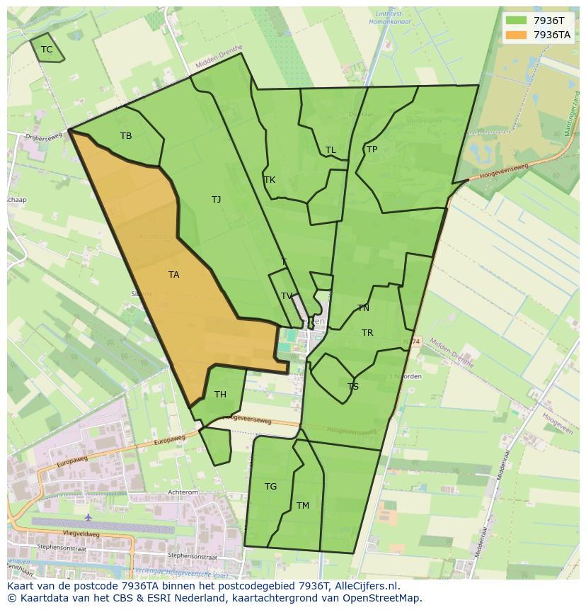 Afbeelding van het postcodegebied 7936 TA op de kaart.