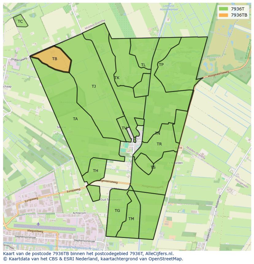 Afbeelding van het postcodegebied 7936 TB op de kaart.