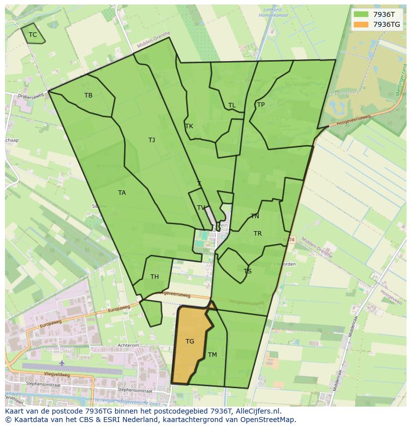 Afbeelding van het postcodegebied 7936 TG op de kaart.