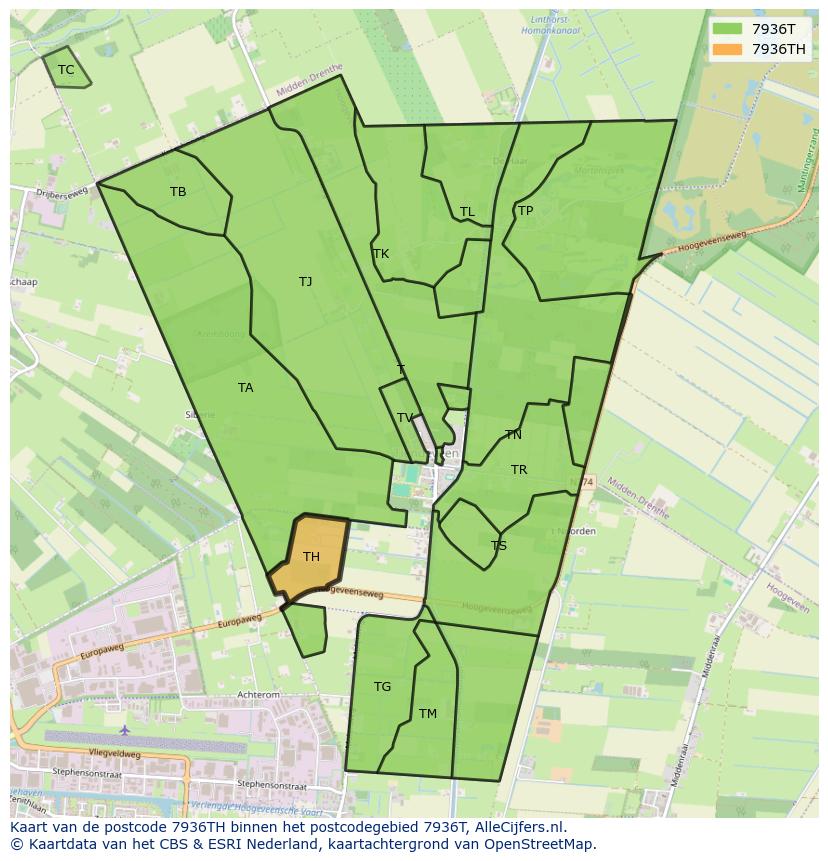 Afbeelding van het postcodegebied 7936 TH op de kaart.