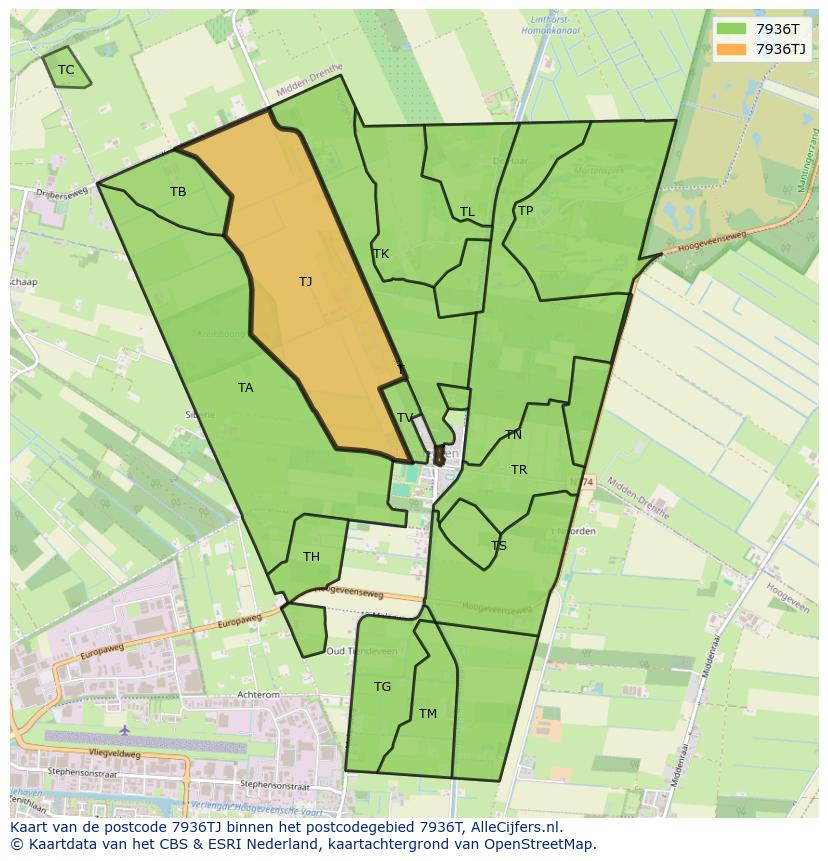 Afbeelding van het postcodegebied 7936 TJ op de kaart.