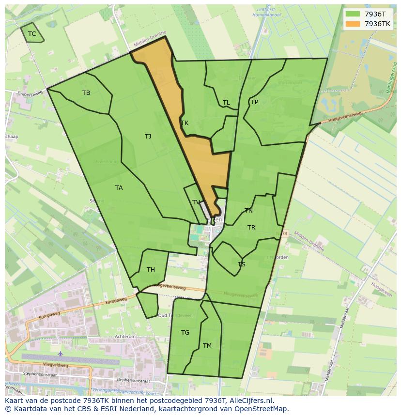 Afbeelding van het postcodegebied 7936 TK op de kaart.