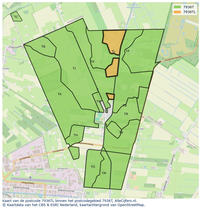 Afbeelding van het postcodegebied 7936 TL op de kaart.