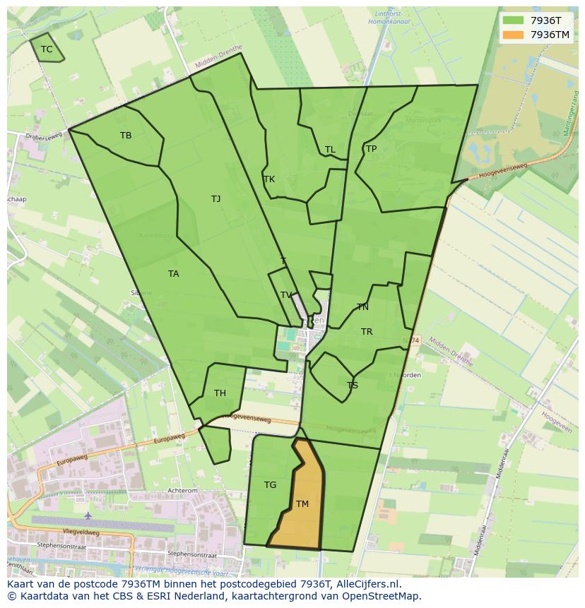 Afbeelding van het postcodegebied 7936 TM op de kaart.
