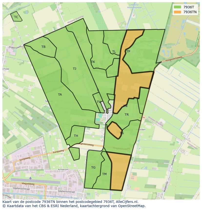 Afbeelding van het postcodegebied 7936 TN op de kaart.