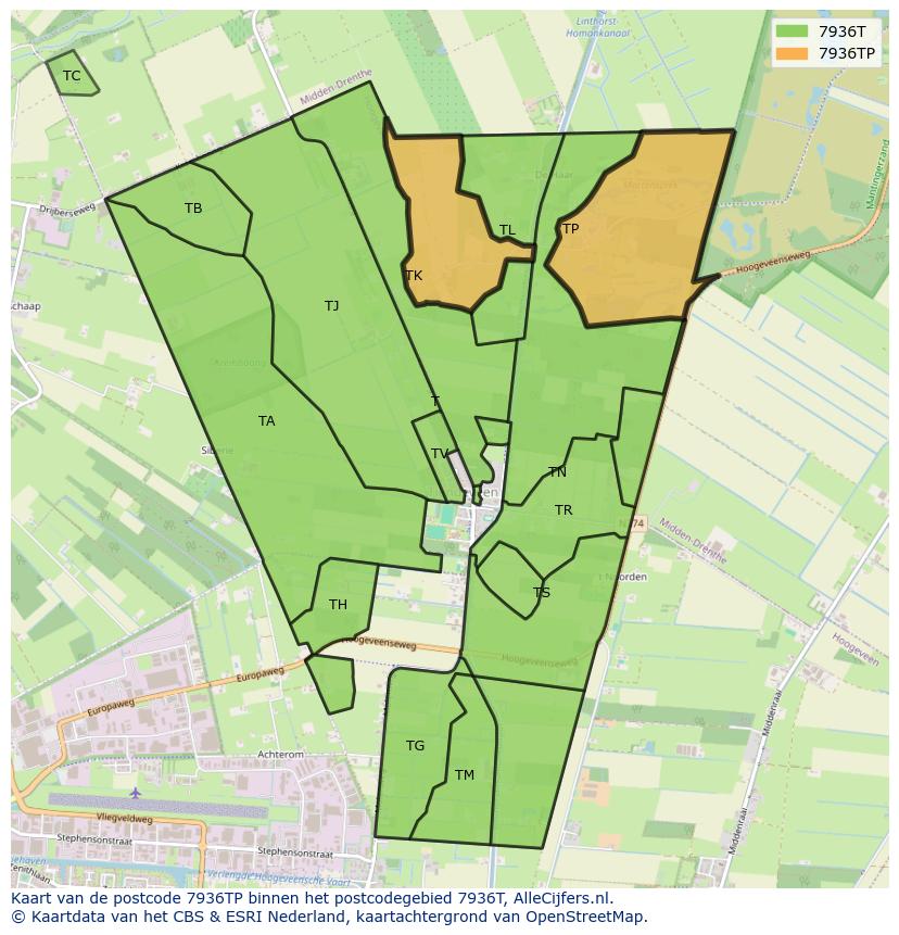 Afbeelding van het postcodegebied 7936 TP op de kaart.