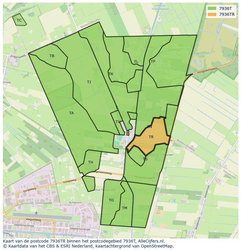 Afbeelding van het postcodegebied 7936 TR op de kaart.