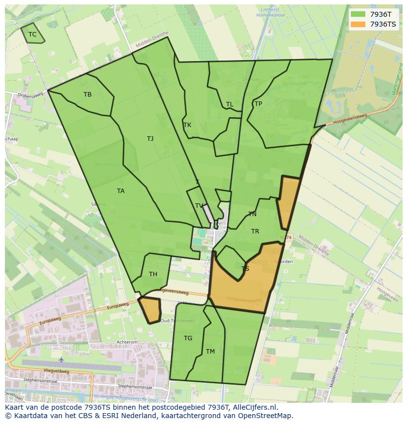 Afbeelding van het postcodegebied 7936 TS op de kaart.
