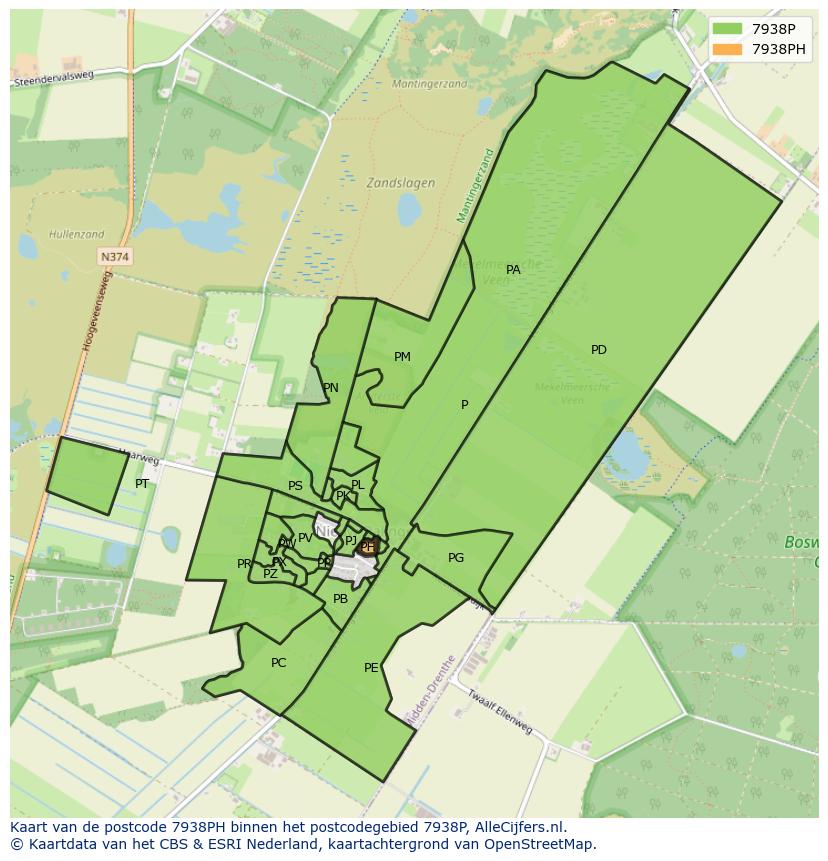 Afbeelding van het postcodegebied 7938 PH op de kaart.