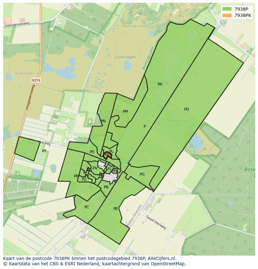 Afbeelding van het postcodegebied 7938 PK op de kaart.