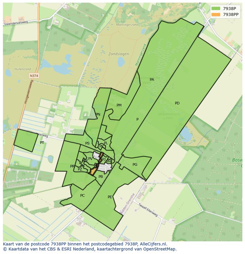 Afbeelding van het postcodegebied 7938 PP op de kaart.