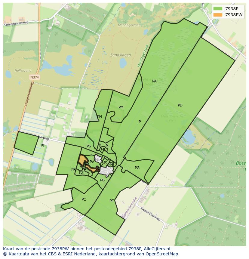 Afbeelding van het postcodegebied 7938 PW op de kaart.