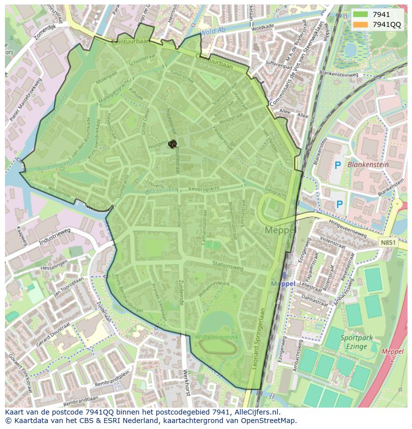 Afbeelding van het postcodegebied 7941 QQ op de kaart.