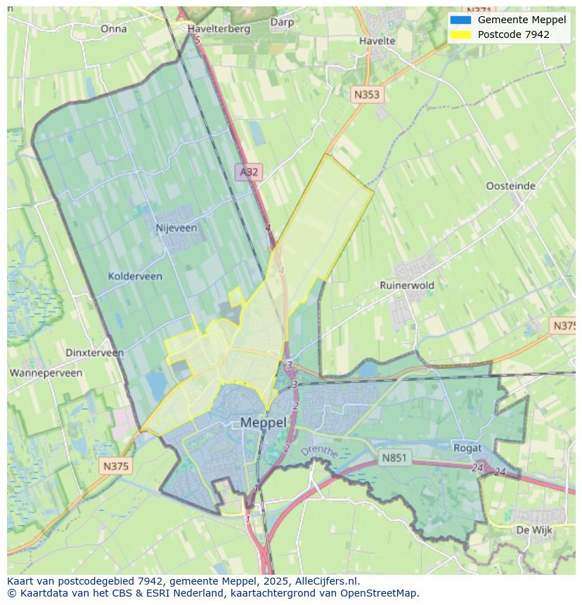 Afbeelding van het postcodegebied 7942 op de kaart.