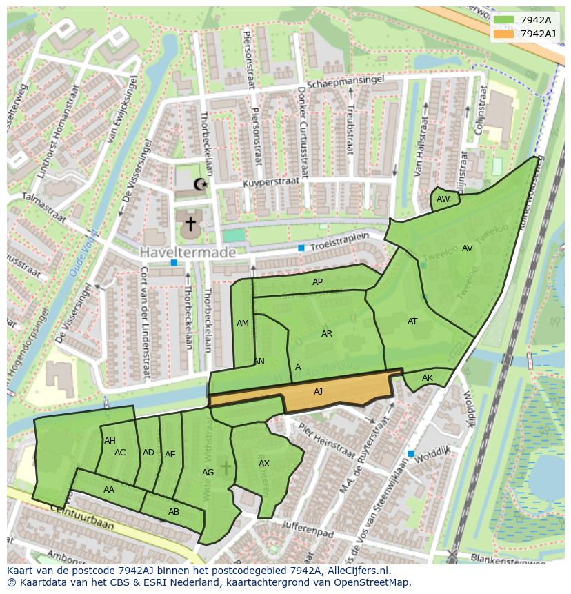 Afbeelding van het postcodegebied 7942 AJ op de kaart.