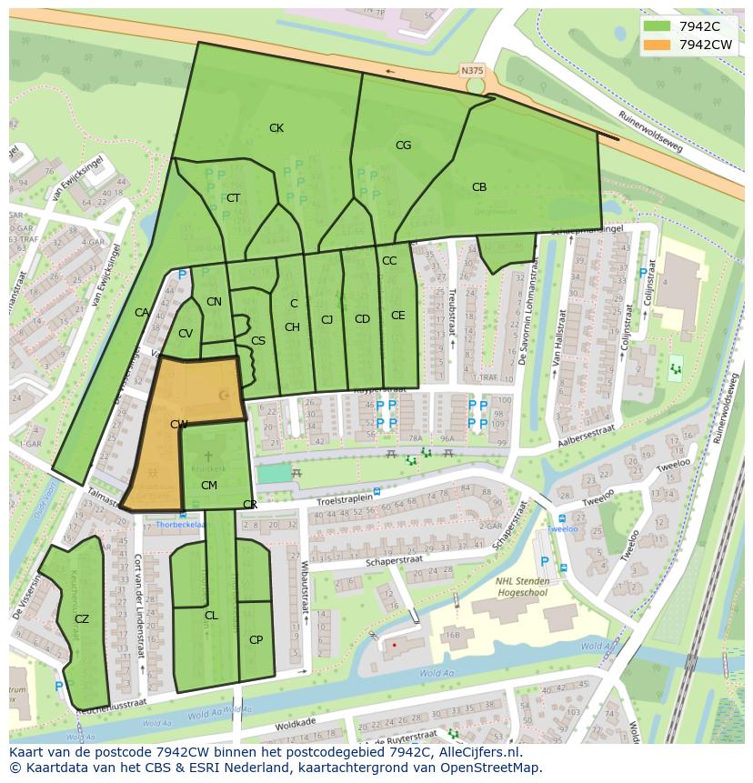 Afbeelding van het postcodegebied 7942 CW op de kaart.