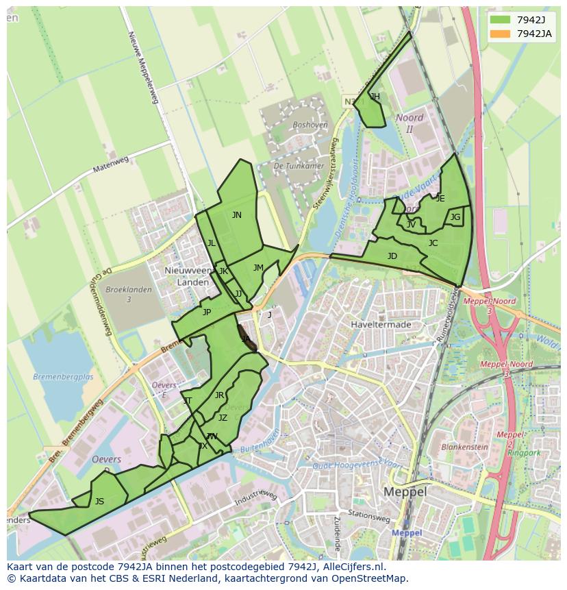 Afbeelding van het postcodegebied 7942 JA op de kaart.