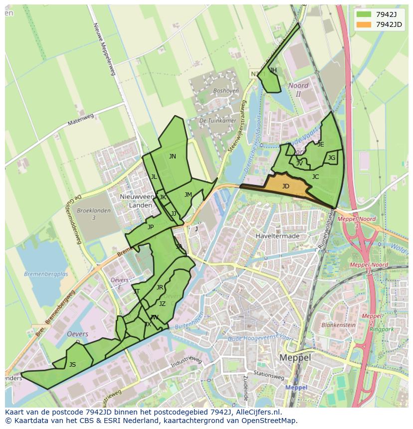 Afbeelding van het postcodegebied 7942 JD op de kaart.
